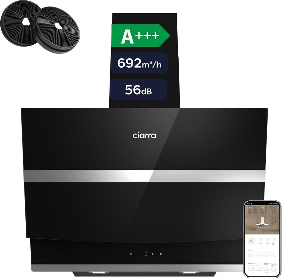Ciarra VM6736NB- A+++ 692 m³ u Schuine Afzuigkap 60 cm Recirculatie & Luchtafvoer incl. Koolstoffilter met BOOST 4 Standen Wi-Fi SensorTouch Bediening LED Zwart