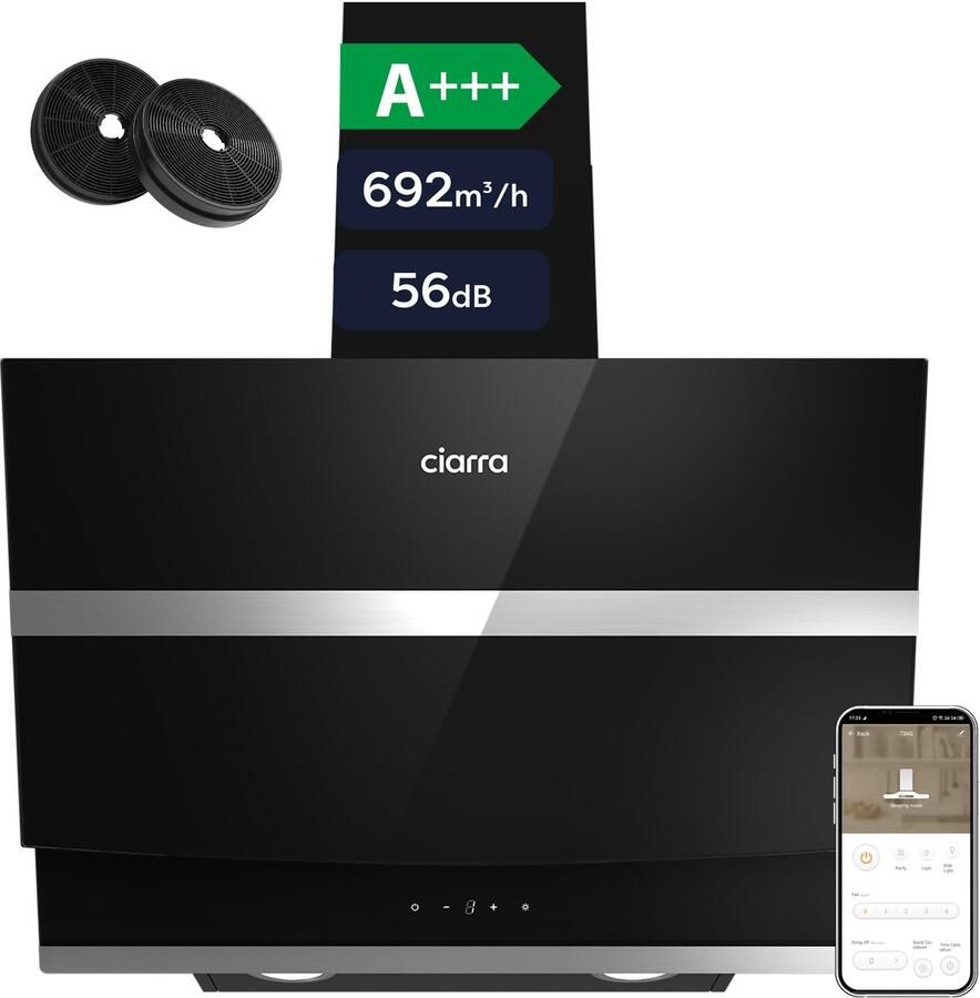 Ciarra VM6736NB- A+++ 692 m³ u Schuine Afzuigkap 60 cm Recirculatie & Luchtafvoer incl. Koolstoffilter met BOOST 4 Standen Wi-Fi SensorTouch Bediening LED Zwart - Foto 2
