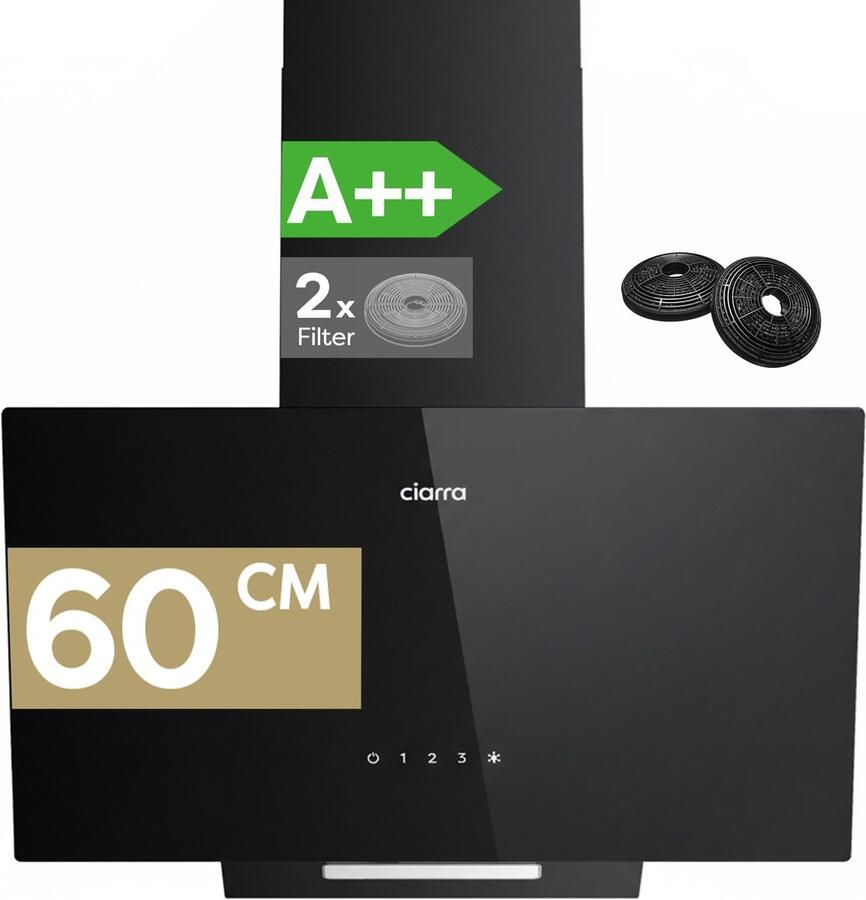 Ciarra VM6750CB Schuine Afzuigkap 60 cm A++ 350 m³ u met LED Recirculatie & Luchtafvoer Touchbediening
