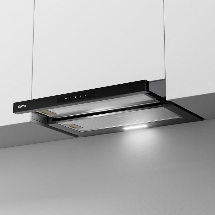 Ciarra VM6909AB Vlakscherm inbouwafzuigkap 60cm Onderbouwafzuigkap A+ 606 m³ u SensorTouch Bediening Recirculatie met Koolstoffilter & Luchtafvoer Zwart