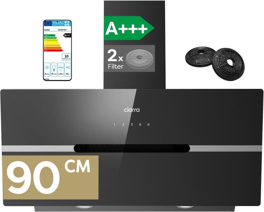 Ciarra VM9736FB A+++ 650 m³ u Schuine Afzuigkap 90 cm Wi-Fi & Touchbediening BOOST Recirculatie & Luchtafvoer