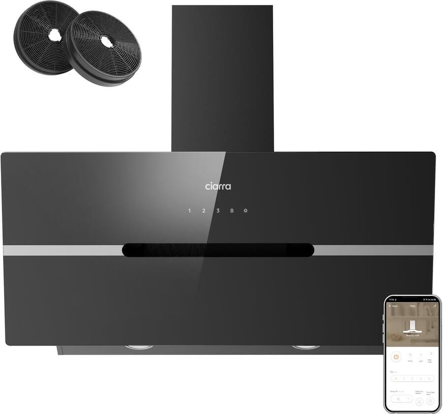 Ciarra VM9736FB A+++ 683 m³ u Schuine Afzuigkap 90 cm Wi-Fi & SensorTouch Bediening BOOST Functie Recirculatie & Luchtafvoer Koolstoffilters meegeleverd Zwart