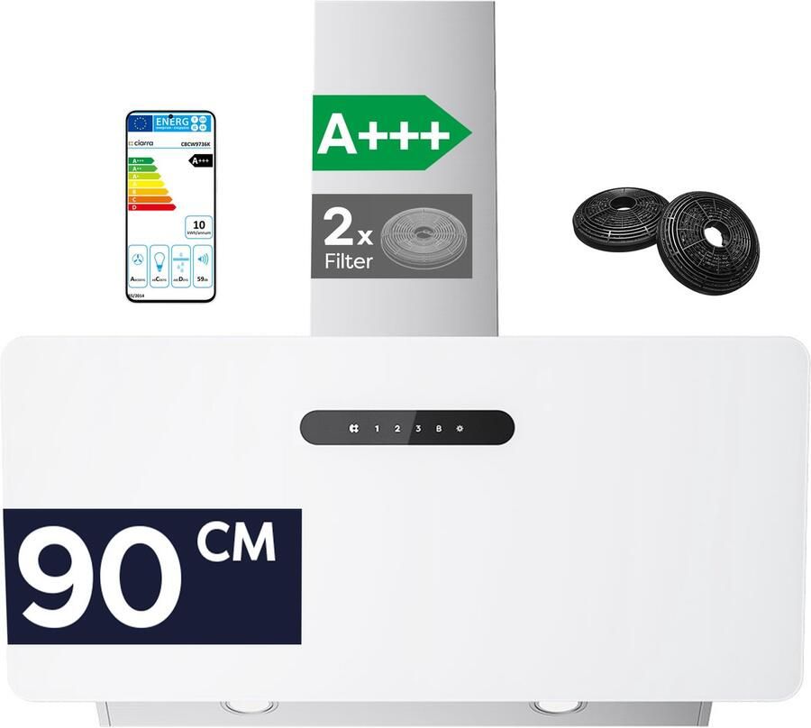 Ciarra VM9736KW Schuine Afzuigkap 90 cm A+++ 650 m³ u 4 Standen incl. BOOST Wi-Fi & Touchbediening met LED