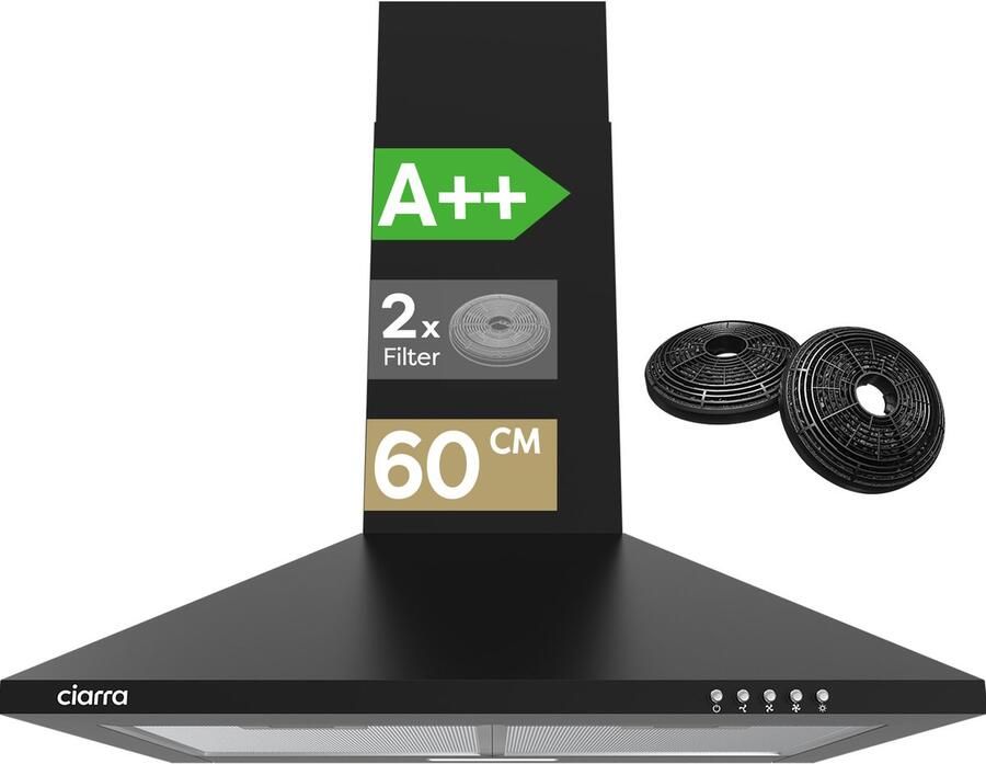 Ciarra VMB6201 Afzuigkap 60 cm Wandkap A++ 370 m³ u 3 Standen met LED Recirculatie & Luchtafvoer