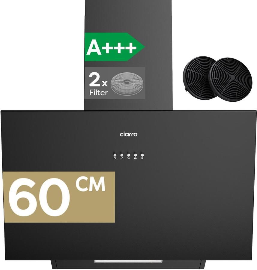 Ciarra VMB6762A A+++ 650 m³ u Schuine Afzuigkap 60 cm met LED Recirculatie & Luchtafvoer zwart