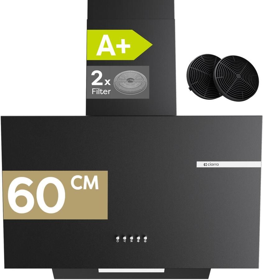 Ciarra VMB6765A A+ 580 m³ u Schuine Afzuigkap 60 cm Wandkap met LED 3 Standen zwart