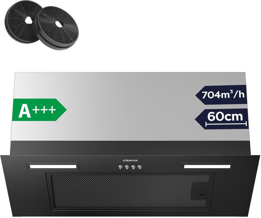 Ciarra VMB6926A A+++ 704 m³ u Inbouwafzuigkap 60 cm Onderbou afzuigkap Recirculatie & Luchtafvoer incl. Koolstoffilter met LED zwart