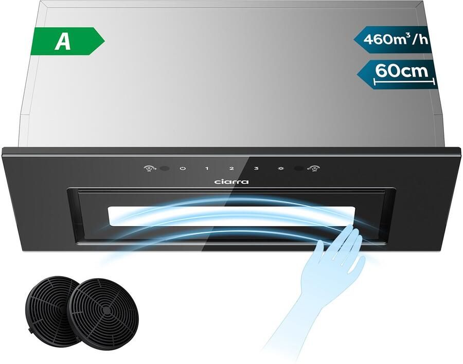 Ciarra VMB6931B- Inbouwafzuigkap 60 cm Onderbouwafzuigkap 460 m³ u Touch & handgebarenbediening