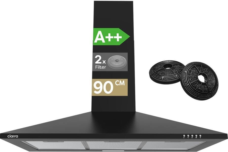 Ciarra VMB9201 Afzuigkap 90 cm Wandkap A++ 370 m³ u Recirculatie & Luchtafvoer Zwart