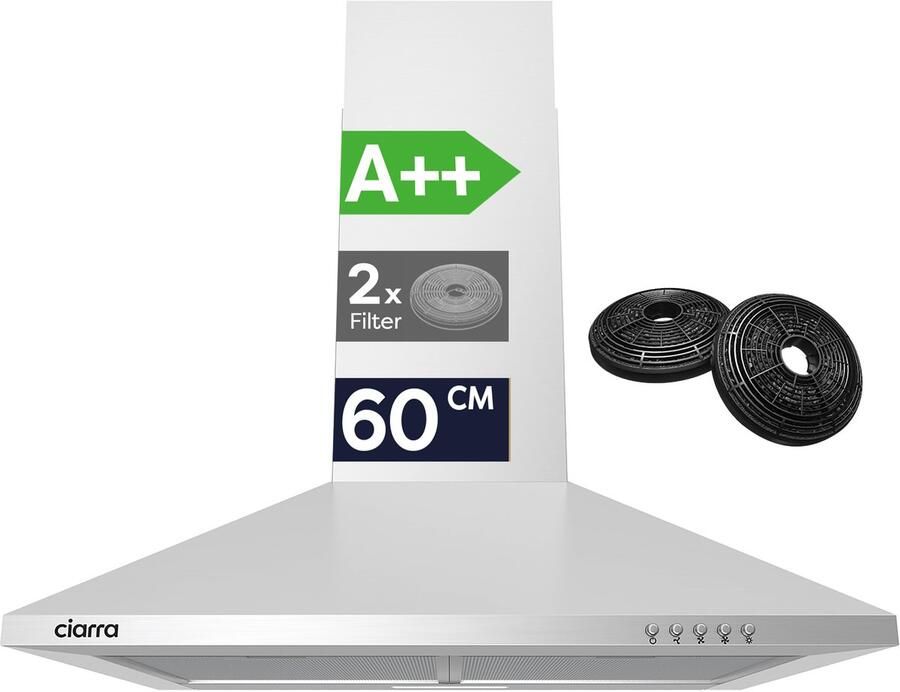 Ciarra VMS6201 Afzuigkap 60 cm WandAfzuigkap A++ 370 m³ u 3 Standen met LED RVS
