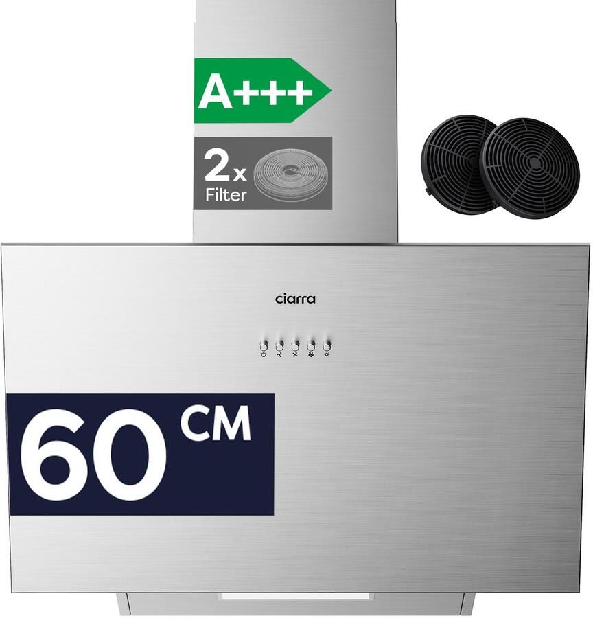 Ciarra VMS6762A A+++ 650 m³ u Schuine Afzuigkap 60 cm 3 Standen met LED Recirculatie & Luchtafvoer RVS