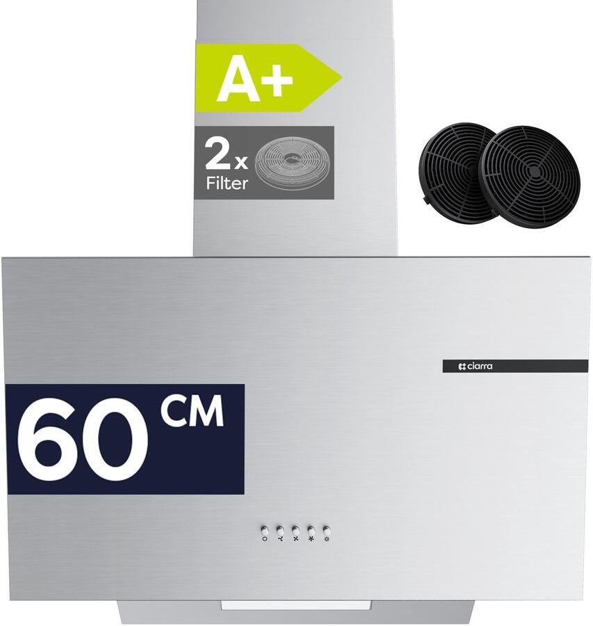 Ciarra VMS6765A A+ 580 m³ u Schuine Afzuigkap 60 cm Wandkap met LED Recirculatie & Luchtafvoer RVS