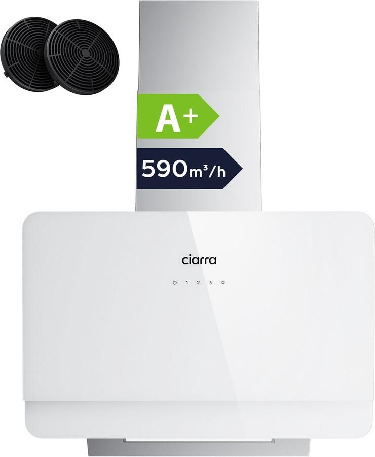 Ciarra VMS6765C Schuine Afzuigkap 60 cm Wandkappen A+ 589 m³ u Recirculatie met Koolstoffilter & Luchtafvoer SensorTouch Bediening3 Standen met LED