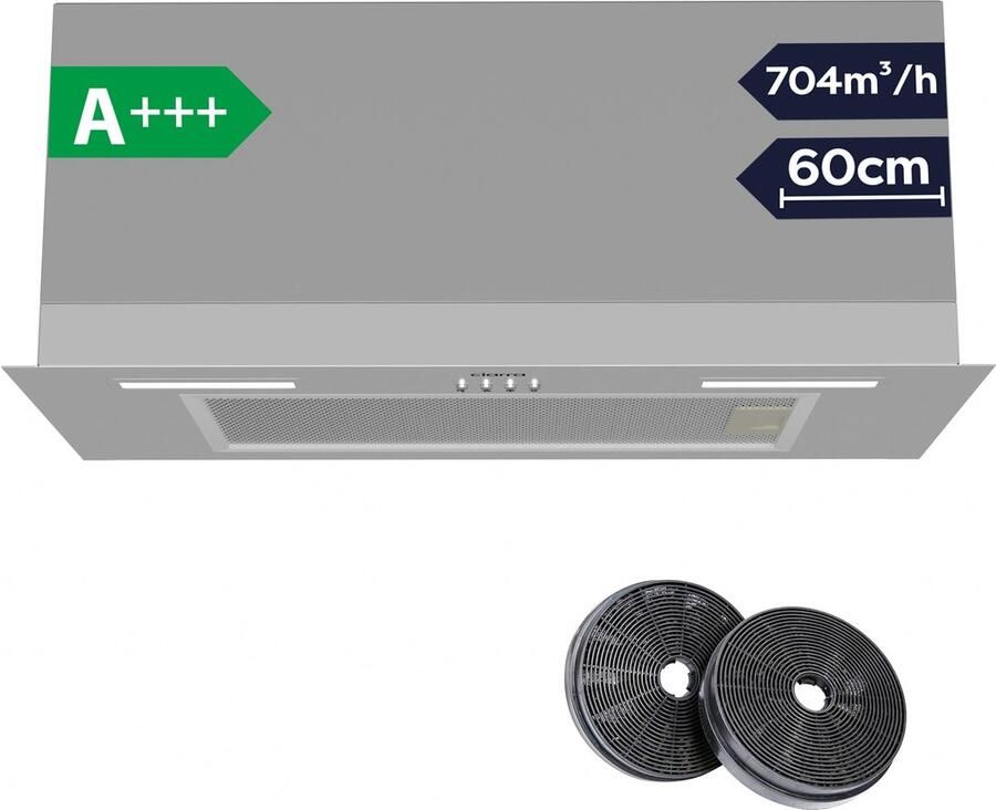 Ciarra VMS6926A A+++ 704 m³ u Inbouwafzuigkap 60 cm Onderbou afzuigkap Recirculatie & Luchtafvoer incl. Koolstoffilter met LED RVS