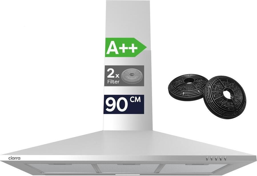Ciarra VMS9201 Afzuigkap 90 cm WandAfzuigkap A++ 370 m³ u Recirculatie & Luchtafvoer RVS