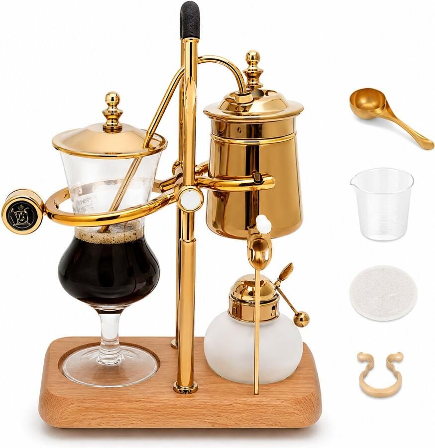 CINK Brew Siphon Koffiezetapparaat 400ml – Vintage Vacuum Coffee Maker – Luxe Barista Coffee Brewer met Alcoholbrander – Goud