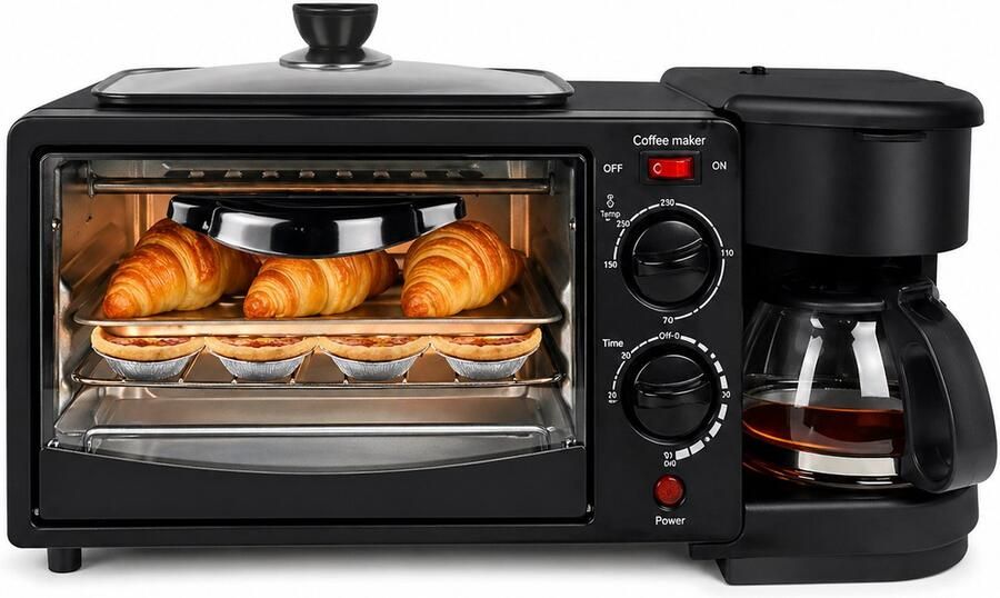 CinkoKitchen CINK Kitchen 3-in-1 Ontbijtstation – Mini Oven 9L + Koffiezetapparaat 600ml + Grillplaat – Compact Keukenapparaat – 230°C – Zwart