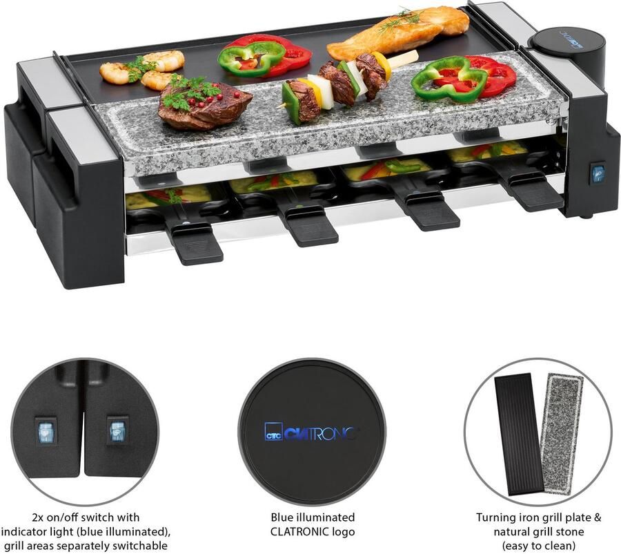 Clatronic RG 3678 Gourmetset 2in1 Raclette Steengrill 8 Personen