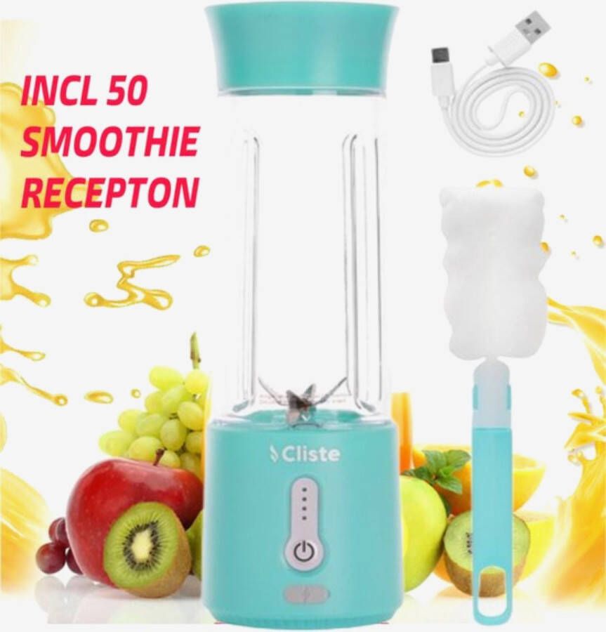 Cliste Draagbare Blender To Go Smoothie Blender USB Oplaadbaar -Portable Smoothie Maker Draadloos Compact Blender 500 ml Mini Smoothie Maker Fresh Juice Maker Portable Blender Blauw Recepten inbegrepen