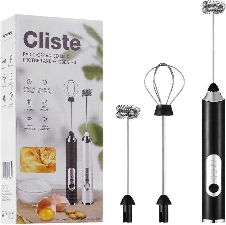 Cliste Elektrische Melkopschuimer- Melkschuimer Elektrisch Melk Schuimer Melkklopper Nespresso Koffie- met Garde en Spiraalgarde- USB Oplaadbaar- 3 Snelheidsfuncties- Zwart