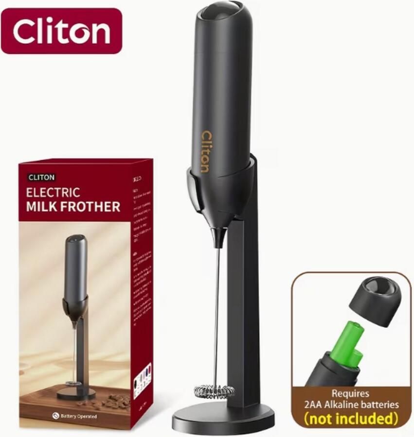 Cliton Elektrische Melkopschuimer Handheld Melkklopper met Standaard Mini Mixer voor Cappuccino Latte Matcha & Chocolademelk Werkt op Batterijen Zwart