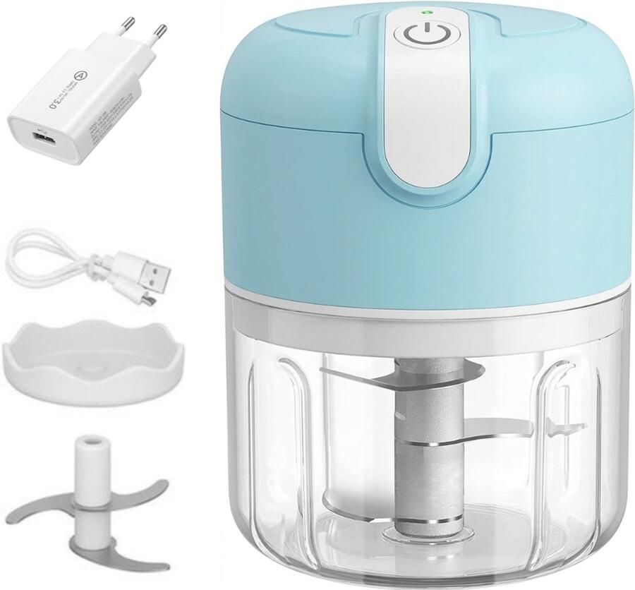 Cocho Elektrische Hakmolen – USB Oplaadbaar – Mini Chopper 250 ml – Draadloos – Voor Groenten Babyvoeding & Meal Prep – Licht Blauw + Een snellader