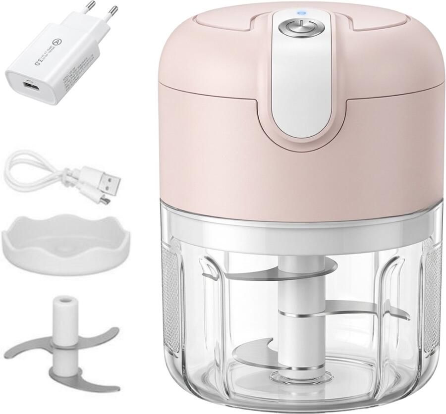 Cocho Elektrische Hakmolen – USB Oplaadbaar – Mini Chopper 250 ml – Draadloos – Voor Groenten Babyvoeding & Meal Prep – Roze + Een snellader
