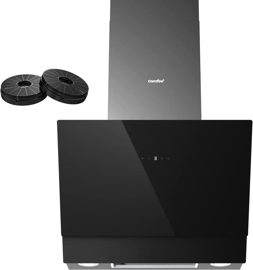 Comfee A+++ Afzuigkap 60 cm CHK 7.6J72A3B 650 m³ h Wandafzuigkap Gemaakt van gehard glas en roestvrij staal Touch- en gebarenbediening 4 snelheden LED-verlichting recirculatie van de afvoerlucht zwart