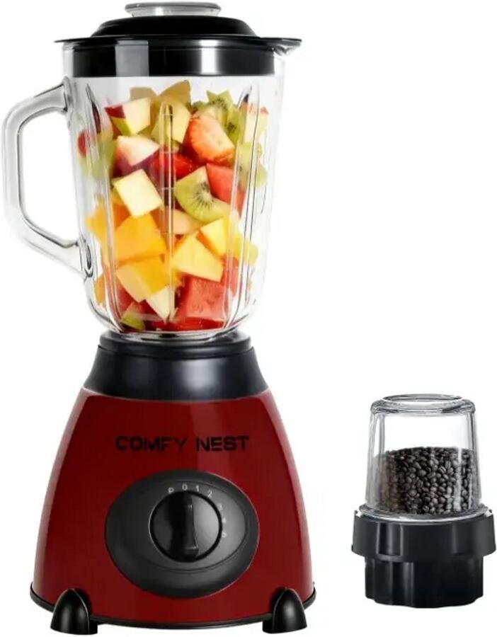 Comfy Nest Blender – 800W – 1 5 Liter Glazen Kan – Koffiemolen en Hakmolen – 5 Snelheden en Pulse – Rood
