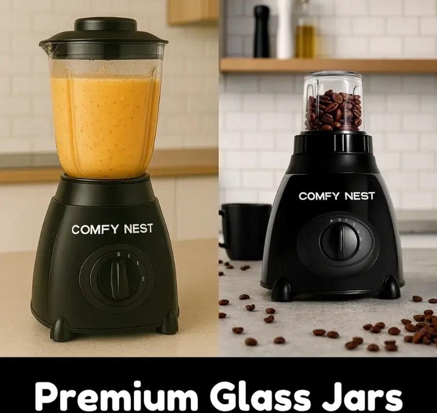 Comfy Nest Blender – 800W – 1 5 Liter Glazen Kan – Koffiemolen en Hakmolen – 5 Snelheden en Pulse – Zwart