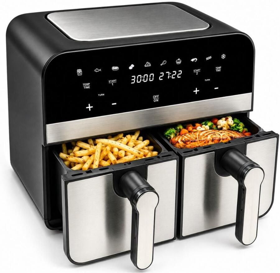 Comfy Nest Dubbele Airfryer XXL CN-AFD45NS 2400W Duo Airfryer 9L Zwart Zilver