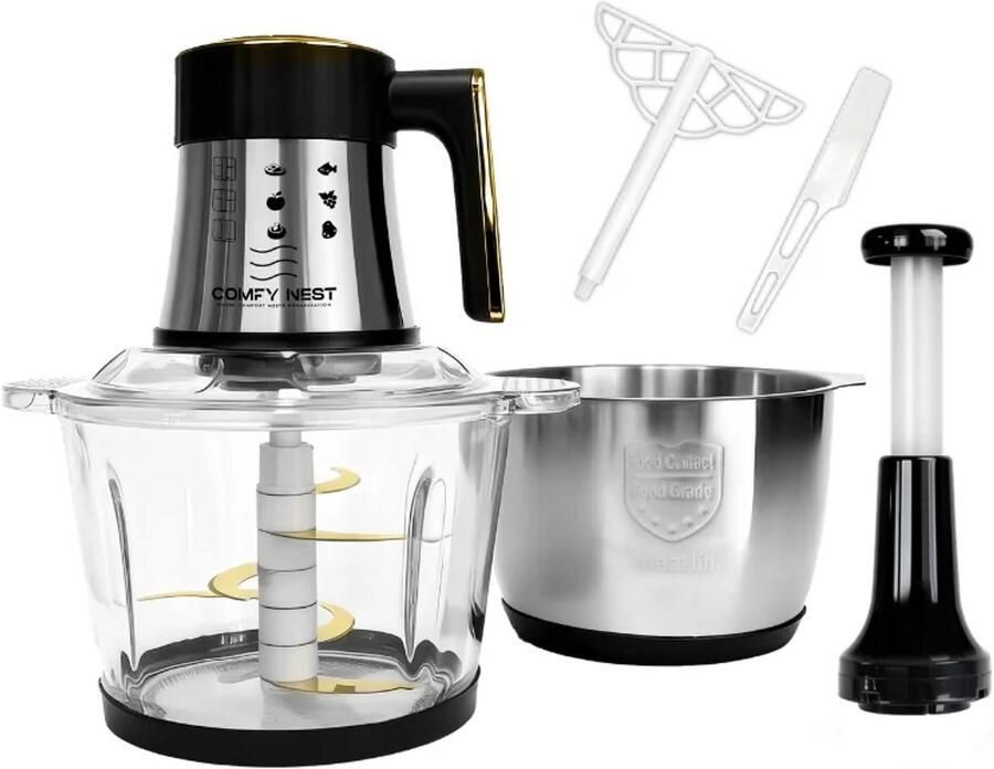 Comfy Nest Elektrische Hakmolen 3-in-1 – Foodprocessor met 2 x 3L Kom – Glas en RVS – 200W – 6 RVS Messen