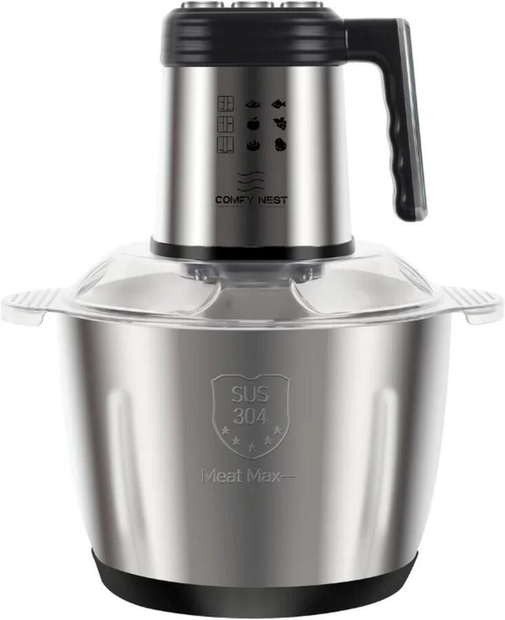 Comfy Nest Elektrische Hakmolen 1000W – Foodprocessor met 5L RVS Kom – 3 Snelheden en 6 RVS Messen – Voor Vlees en Groenten – Zilver