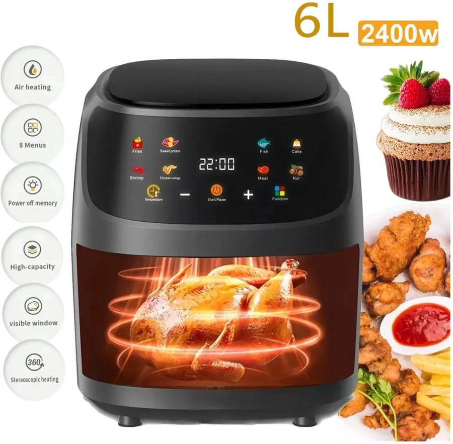 Comnox Heteluchtfriteuse 6L Inhoud Airfryer 2400W Met LCD scherm Zwart