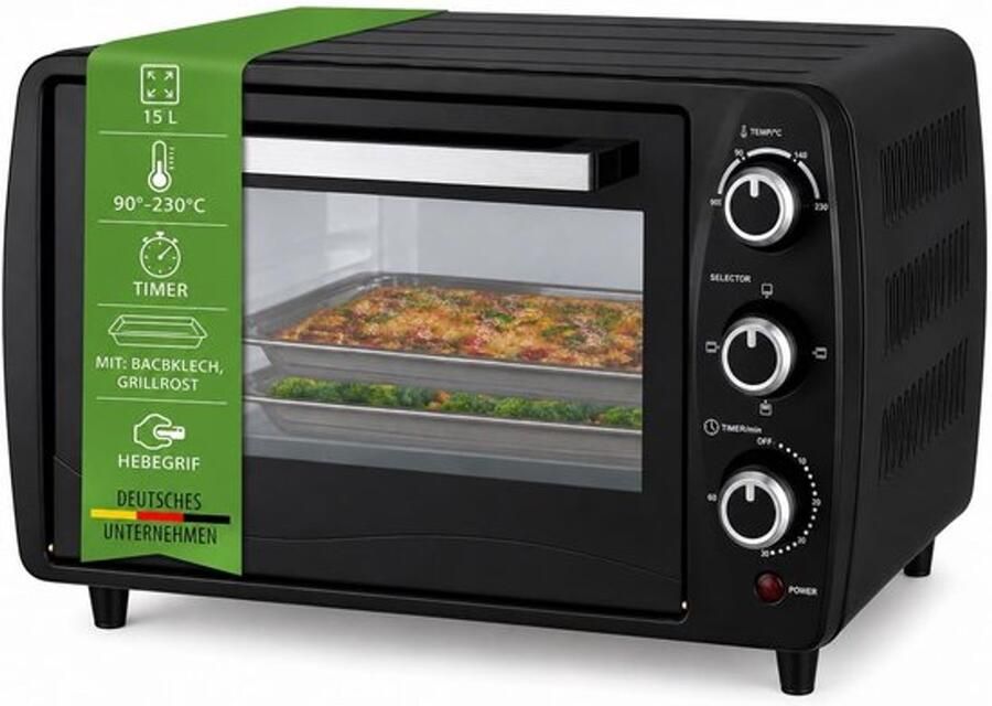 Compacte mini-oven 15 liter 1200 W 60 min-timer 3 kookfuncties 90 °-230 °C kleine campingoven antraciet 2 jaar garantie