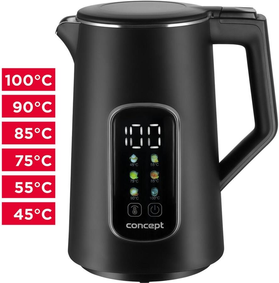 Concept RK3385 Waterkoker 1 7L Temperatuurregeling LED-scherm Cool touch-oppervlak Waterpeilindicator Zwart