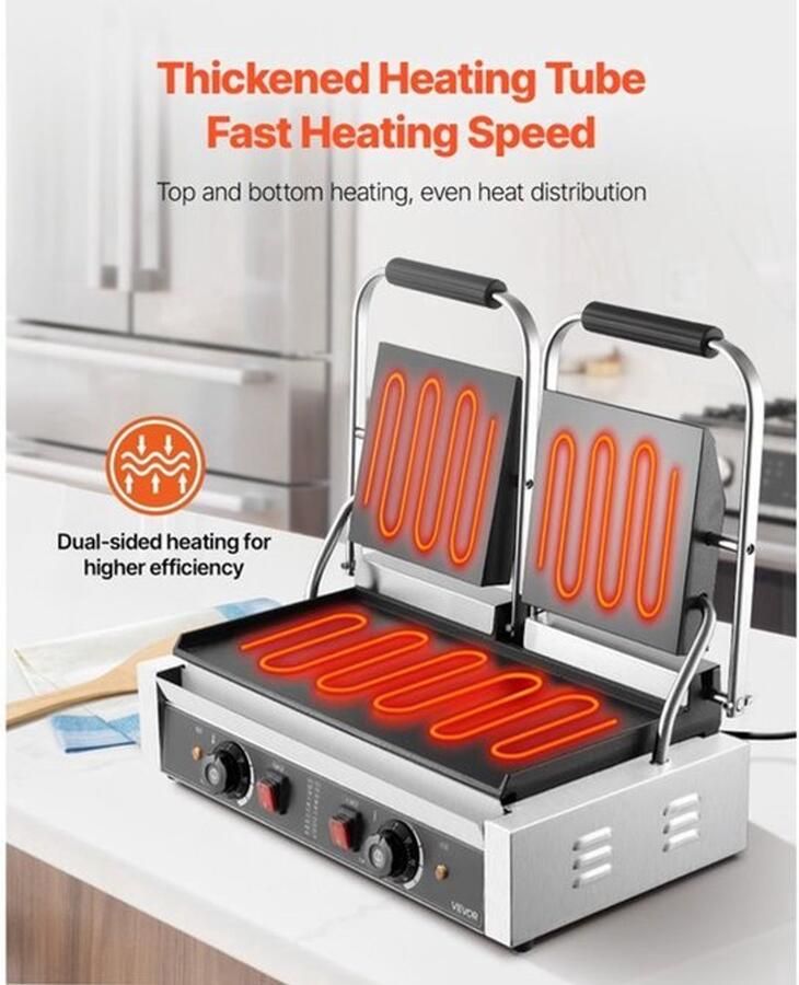 Contactgrill Elektrische 3600 W Vermogen 48 x 23 cm Bakoppervlak Roestvrij Staal Panini Pers Grillplaat