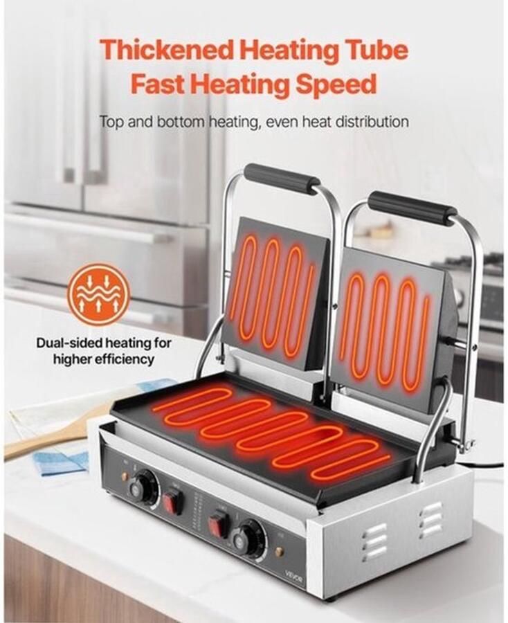 Contactgrill Elektrische 3600 W Vermogen 48 x 23 cm Bakoppervlak Roestvrij Staal Panini Pers Grillplaat
