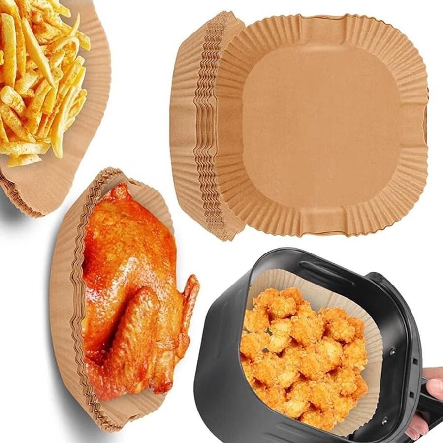 COOAU Airfryer Bakpapier 100 Stuks – Vierkant–XXL Geschikt – Wegwerpbakjes Deze Antiaanbaklaag Geschikt voor Frituurpannen Ovens en Magnetrons Is Olie- en Waterbestendig