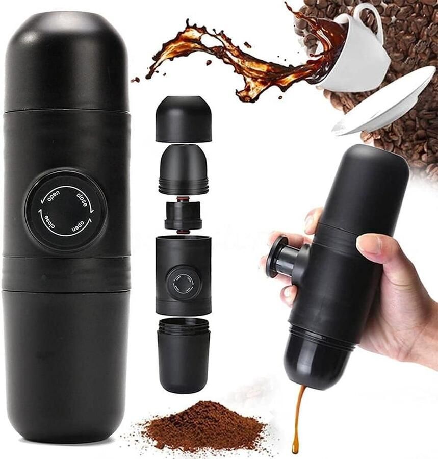 COOAU Draagbare Handmatige Espresso Machine Gemalen Koffie Zwart