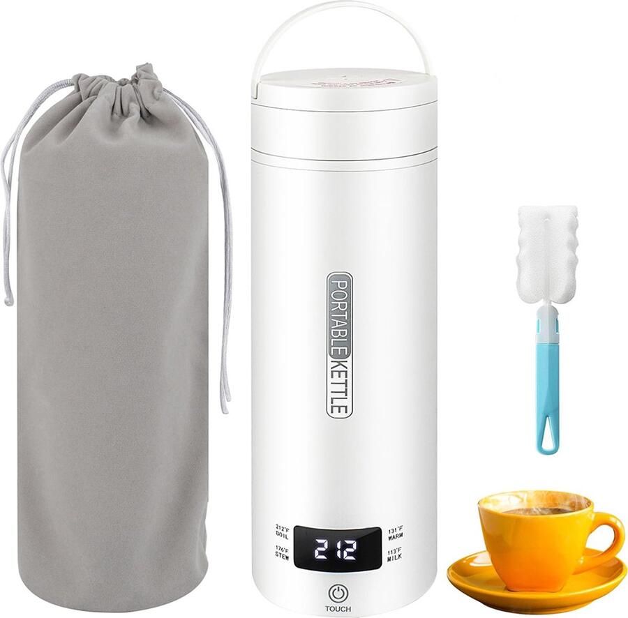 COOAU Draagbare Waterkoker met Temperatuurregeling Heetwaterdispenser Camping Waterkoker Mini Waterkokers 450ML Reis Waterkoker Wit