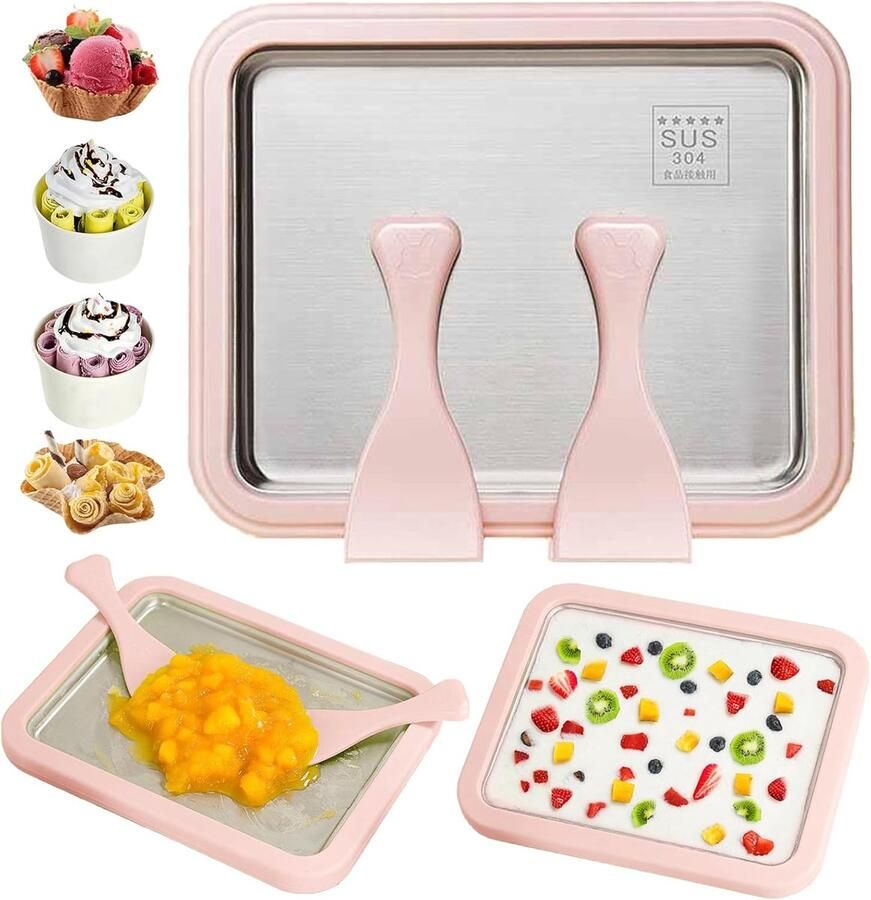 COOAU Ice Cream Maker IJs Maken Zonder Stroom Teppanyaki IJsmaker IJsmachine IJsrolplaat Roze