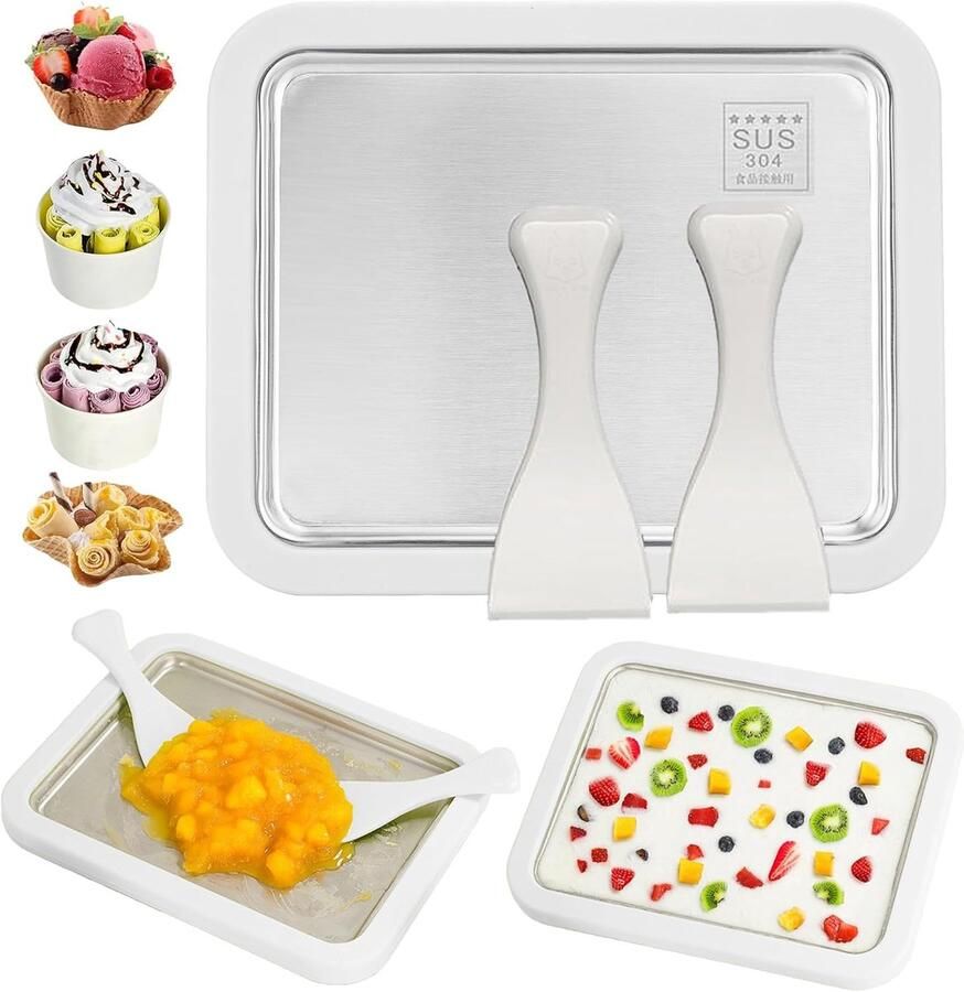 COOAU Ice Cream Maker IJs Maken Zonder Stroom Teppanyaki IJsmaker IJsmachine IJsrolplaat Wit