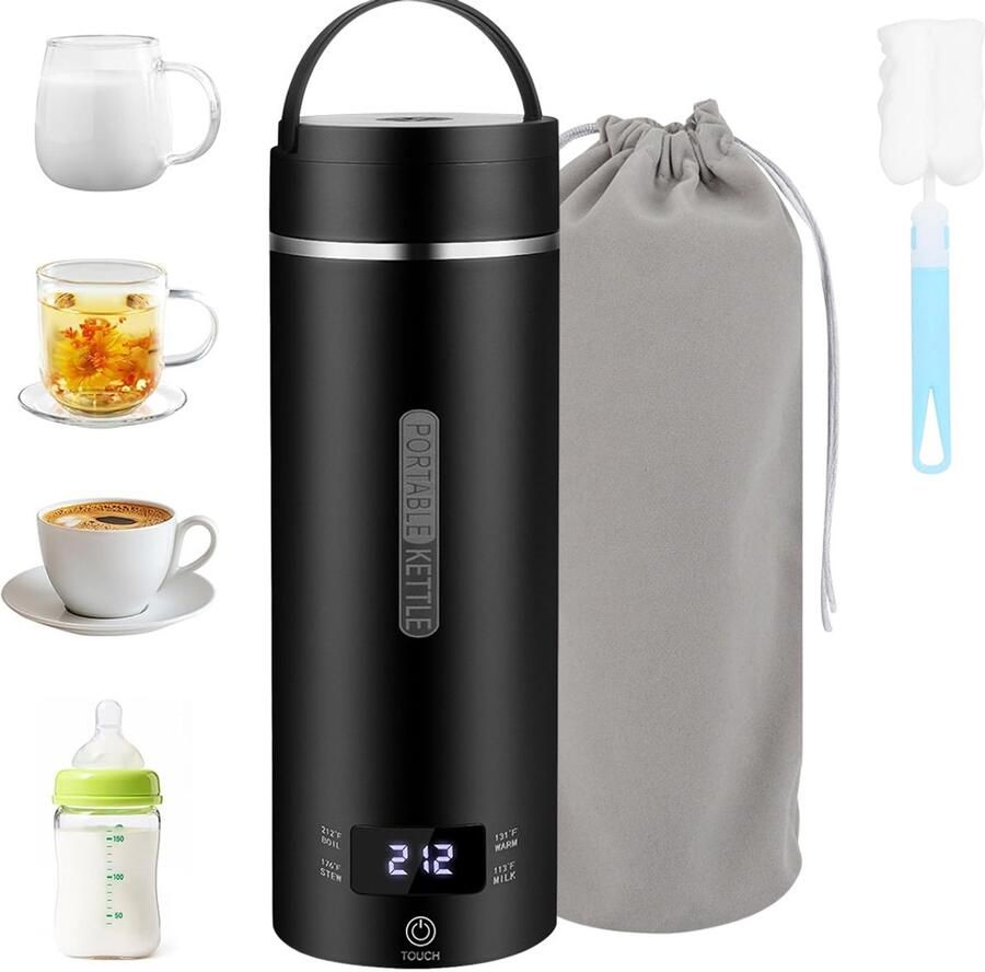 COOAU Portable Waterkoker Kleine Draagbare Wwaterkoker 500 ml Elektrische Mini-heetwaterdispenser Zwart