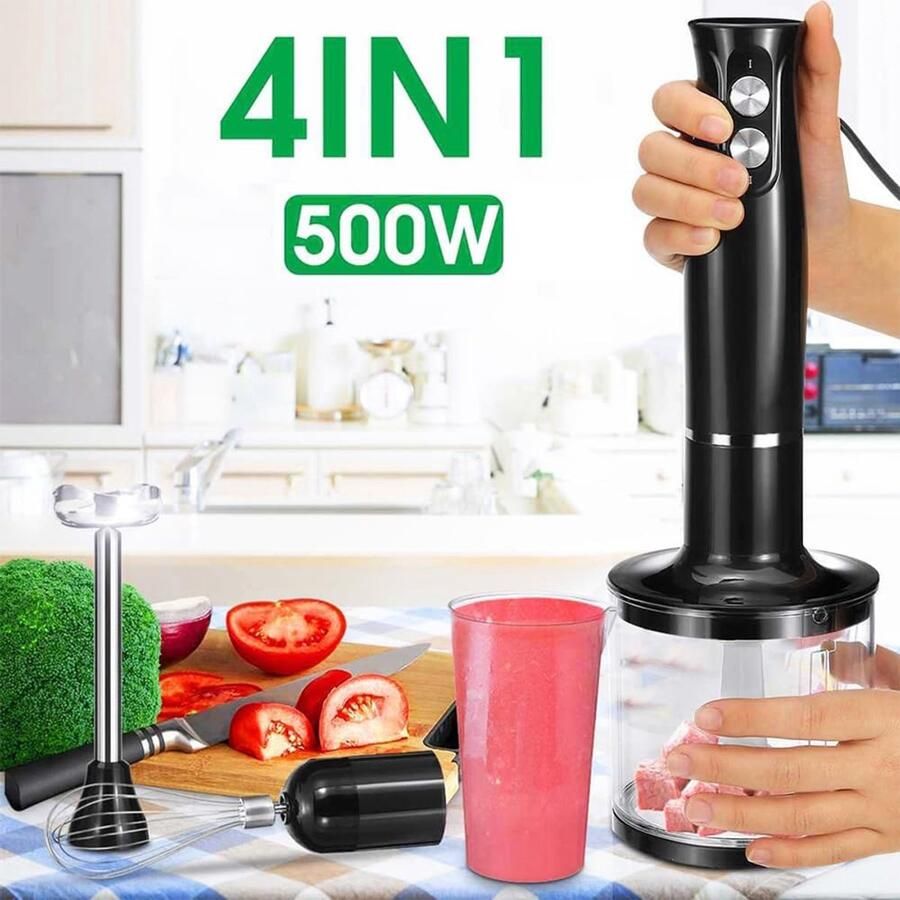 COOAU Staafmixer Set 4-in-1 Staafmixer Hakmolen 2-versnellingsbak Gemakkelijk Schoon te Maken BPA-vrij RVS 500W Zwart