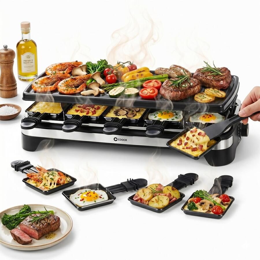 COOCK Gourmetstel 10 Personen Raclette Set XXL met Grillplaat 1500W Regelbare Thermostaat Anti-aanbaklaag RVS Zwart