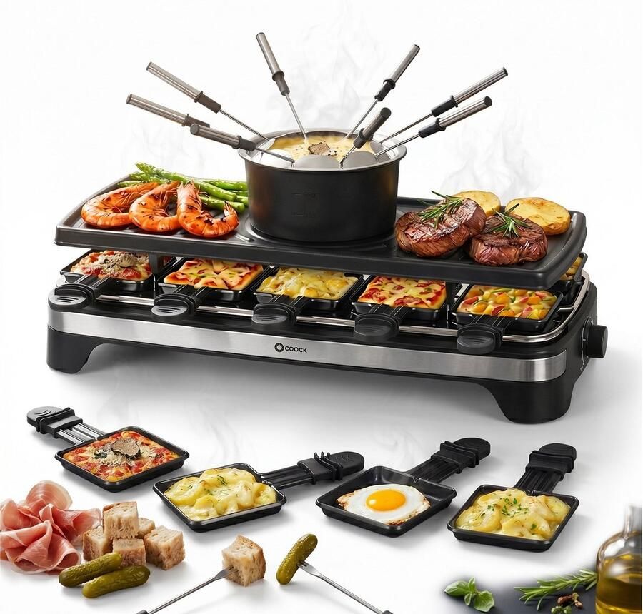 COOCK Gourmetstel en Fondue Set 2-in-1 Raclette voor 8-10 Personen Inclusief 8 Fonduevorkjes & 10 Pannetjes 1500W XXL Bakplaat RVS