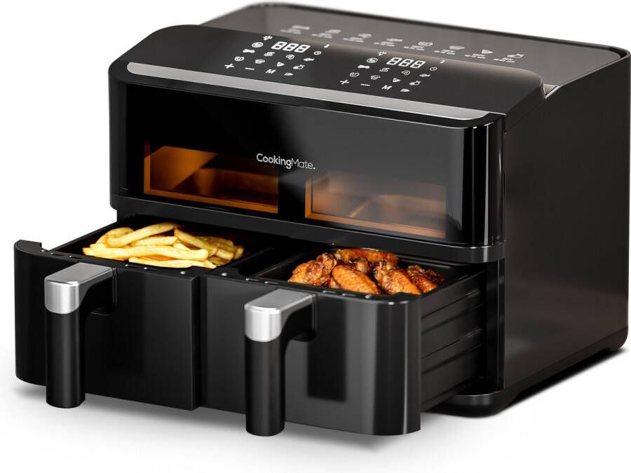 CookingMate Dual Zone Airfryer XXL 9L Heteluchtfriteuse met Dubbele Mand Grote Airfryer 2 x 4 5L Dual Zone Kijkvenster 9 Kookprogramma s Zwart