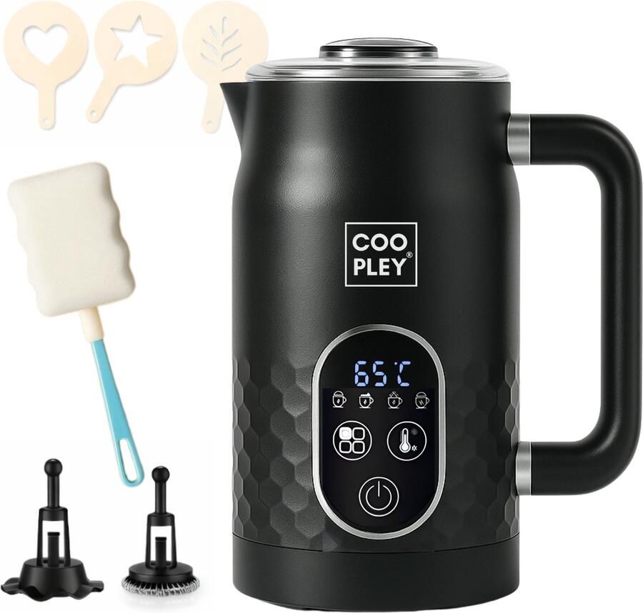 Coopley Elektrische Melkopschuimer Warm En Koud Opschuimen 4 in 1 Melkopschuimer Melkklopper MF0803 PRO Meest Complete Set Zwart