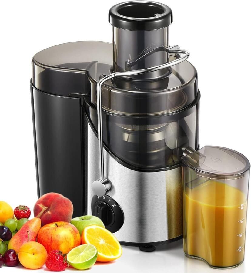 RUX Sapcentrifuge voor Groenten & Fruit Juicer met microfilter Slowjuicer met Grote Vulopening Fruitpers 3 Snelheden BPA-Vrij Zwart RVS Zilver ‎30cm x 20cm x 18cm